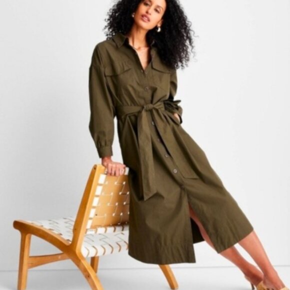 Future Collective Olive Green Button Down Shirt Dress Midi NWOT NWT 3X - Picture 2 of 3